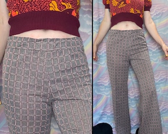 vtg 70s plaid bellbottoms gray flare leg trousers wide leg pants 1970s high waisted retro slacks