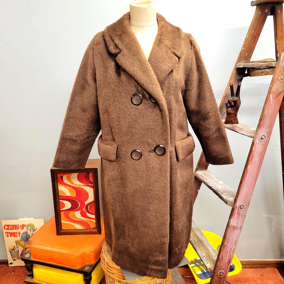 Vintage 60s Carol Brent Fuzzy Faux Fur Teddy Bear Overcoat Womens Large ...