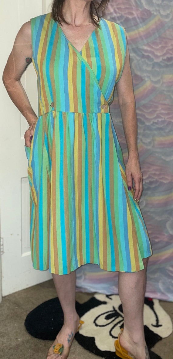 Vintage 50s 60s Pastel Striped Wrap Dress / Blue … - image 10