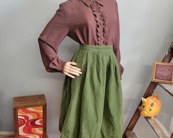 vtg 50s Green Corduroy Skirt, Pleated Knee Length Fall Layering