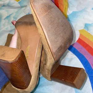 vtg 90s CANDIE'S BOOTS wooden heel stacked platforms side zip calf high chunky heels 70s style retro knee high high heel boho western 9 image 5