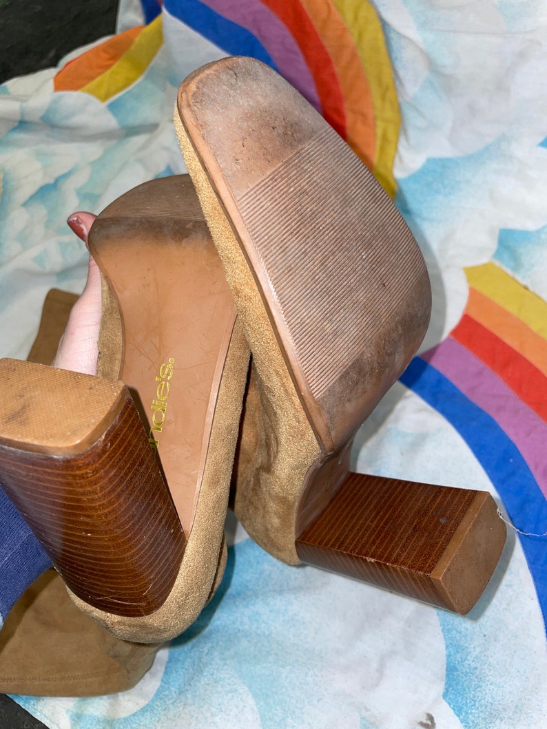 vtg 90s CANDIE'S BOOTS wooden heel stacked platforms side zip calf high chunky heels 70s style retro knee high high heel boho western 9 image 5