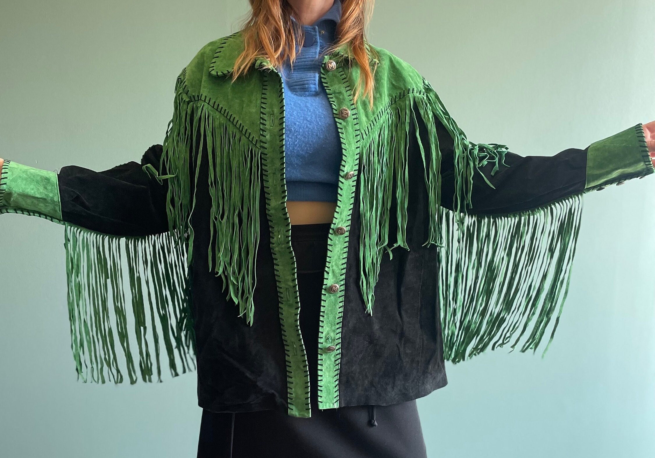 Vintage Bob Mackie Wearable Art Jacket Green Black Suede
