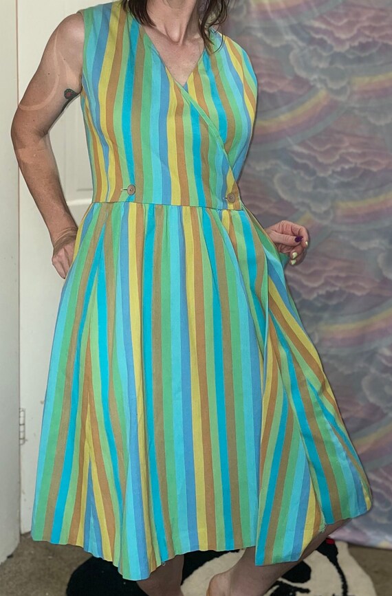 Vintage 50s 60s Pastel Striped Wrap Dress / Blue … - image 4
