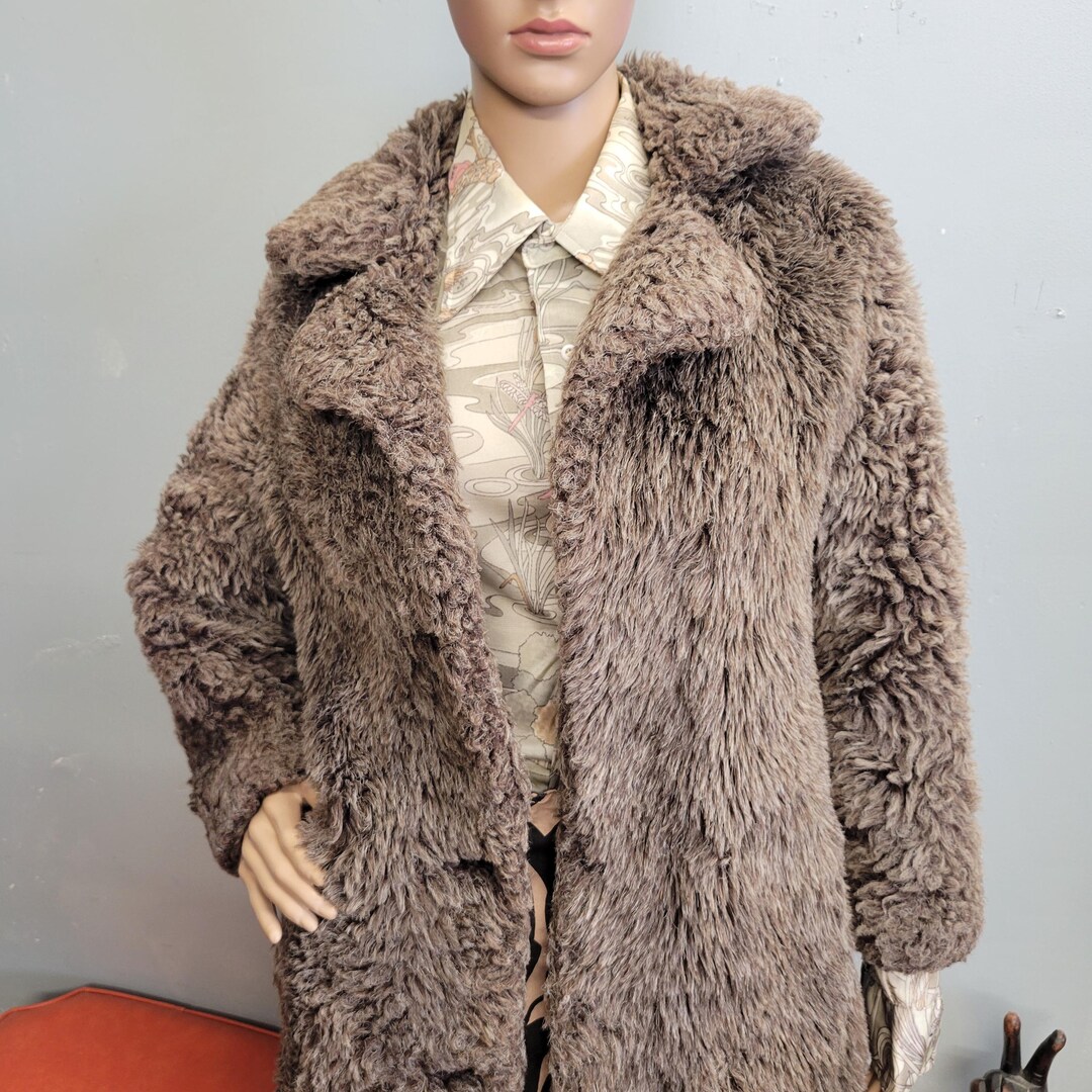 Vintage 60s Faux Fur Teddy Bear Coat, Gold Brocade Lined Shaggy