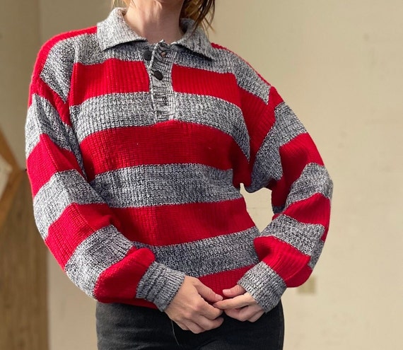Vintage 80s Red & Grey Striped Sweater / Slouchy … - image 3
