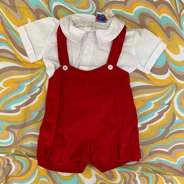Vintage NWT 80s baby clothes 2 piece overall shorts size 2 Toddler wonderalls red onesie & blouse dress up set
