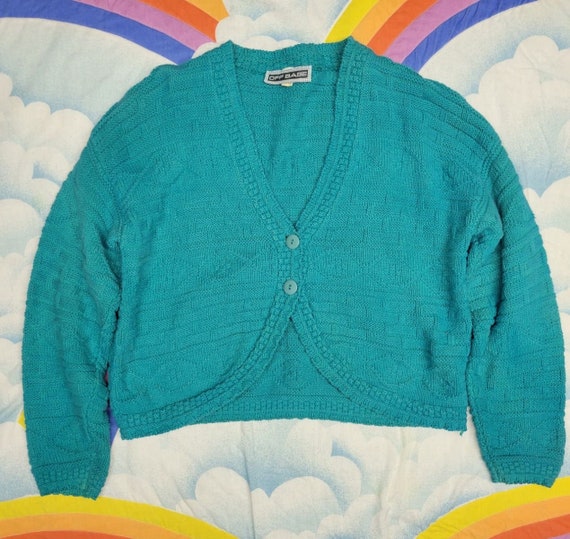 Vintage 90s Teal Cardigan // Teal Cropped Sweater… - image 1