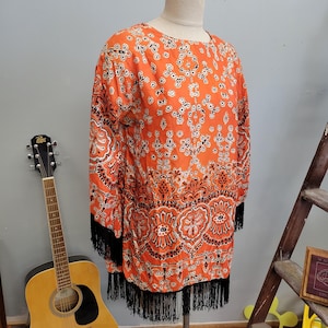 70s Psychedelic Fringe Mini Dress: Vintage Hippie Tunic - Large