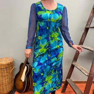 vtg 70s HAWAIIAN MAXI DRESS // vintage bright floral sheer sleeve water color style floral full length long sleeve hostess party hippie mod