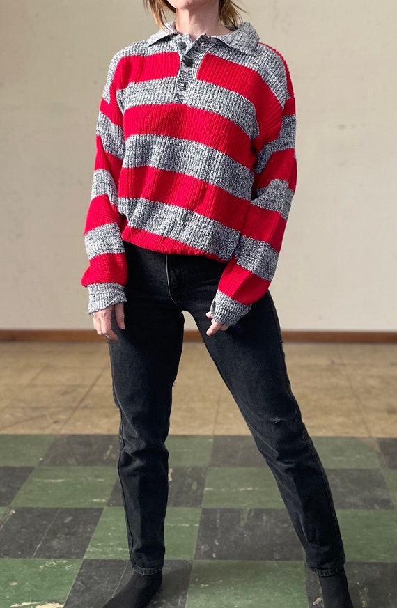 Vintage 80s Red & Grey Striped Sweater / Slouchy … - image 2