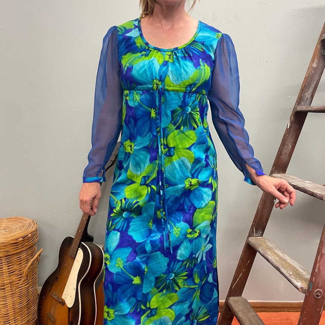 Vtg 70s HAWAIIAN MAXI DRESS // Vintage Bright Floral Sheer Sleeve Water ...