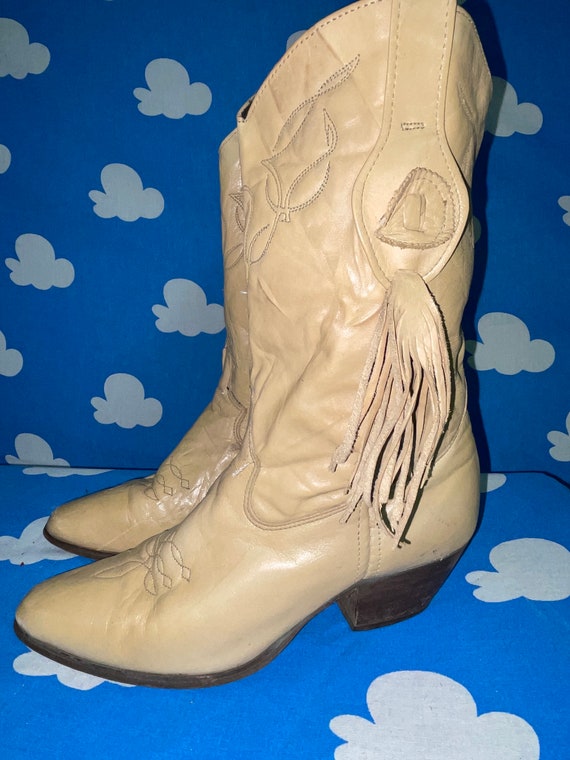 Vtg 70s Fringe Boots / Light Beige Ankle Boots / W