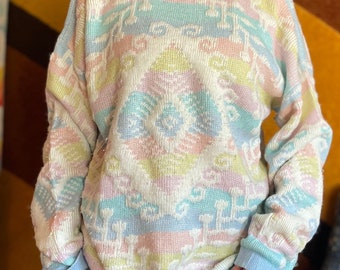 Vtg 80s pastel sparkly sweater rainbow pastel tie dye geometric abstract embroidered psychedelic fairy kei XL sweater music notes