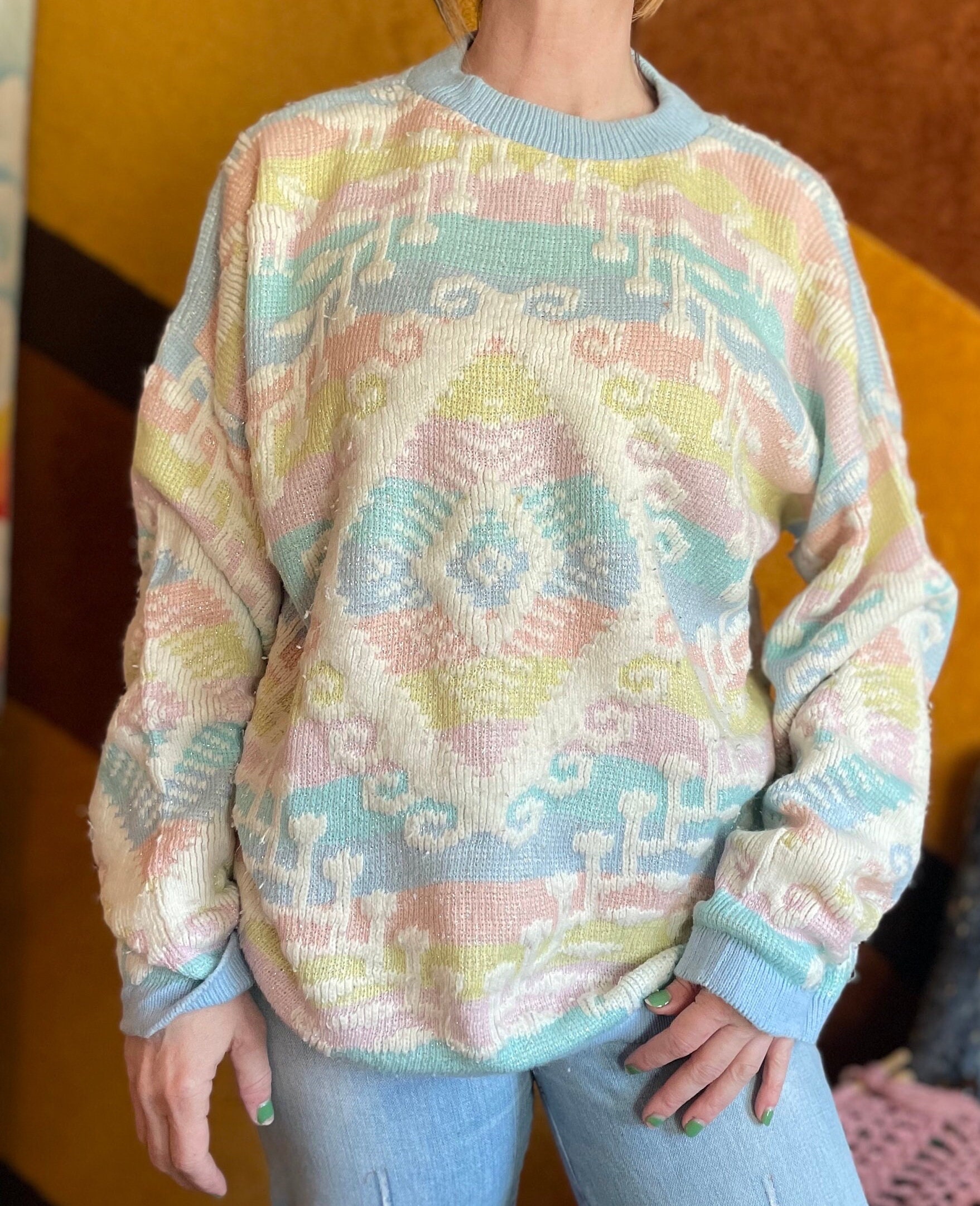 80s Pastel Sweater Vtg 80s Pastel Sparkly Sweater Rainbow Pastel