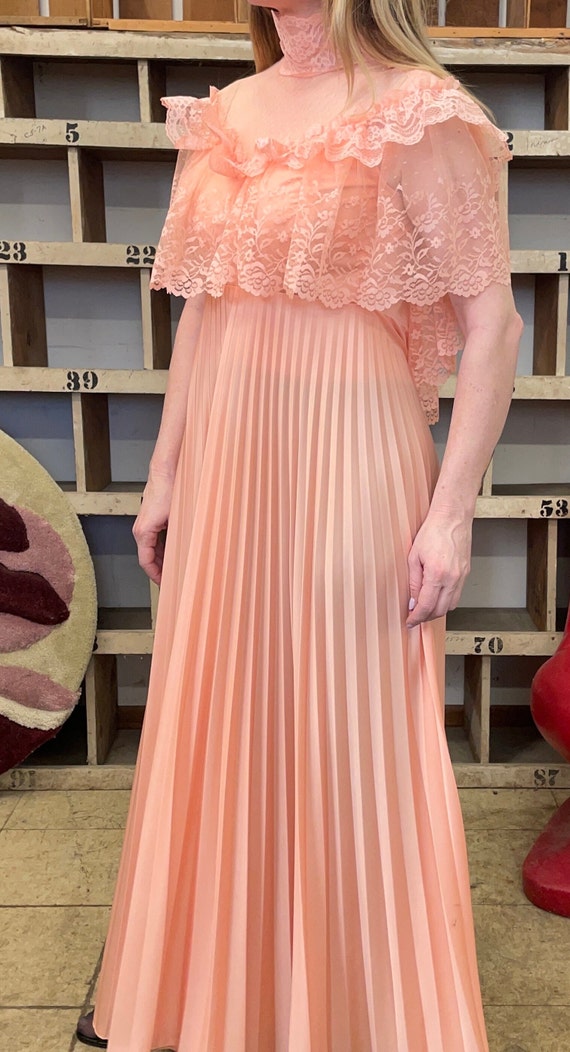 Vtg 70s Lace Cape Sleeve Maxi Dress Pastel Peach Pleated Skirt Ethereal Flowy Pink Orange Frilly Dress Etsy