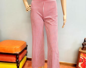 vtg 70s Gingham Bell Bottoms, Red Plaid Flare Leg Retro Pants
