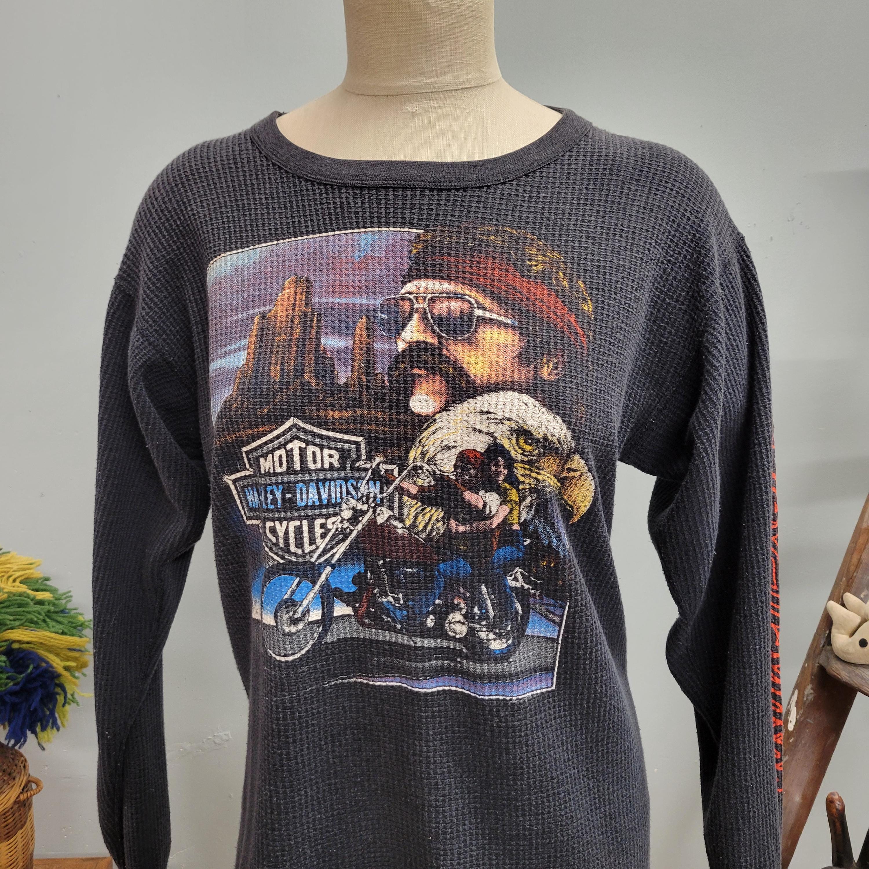 Vintage 80s Harley Davidson Thermal Top: Waffle Weave Biker