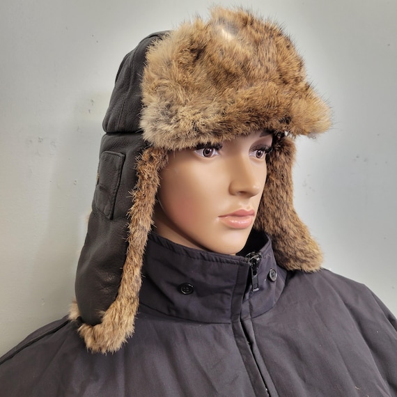 Vintage 90s Mad Bomber Rabbit Fur Aviator Hat: XL Leather Winter