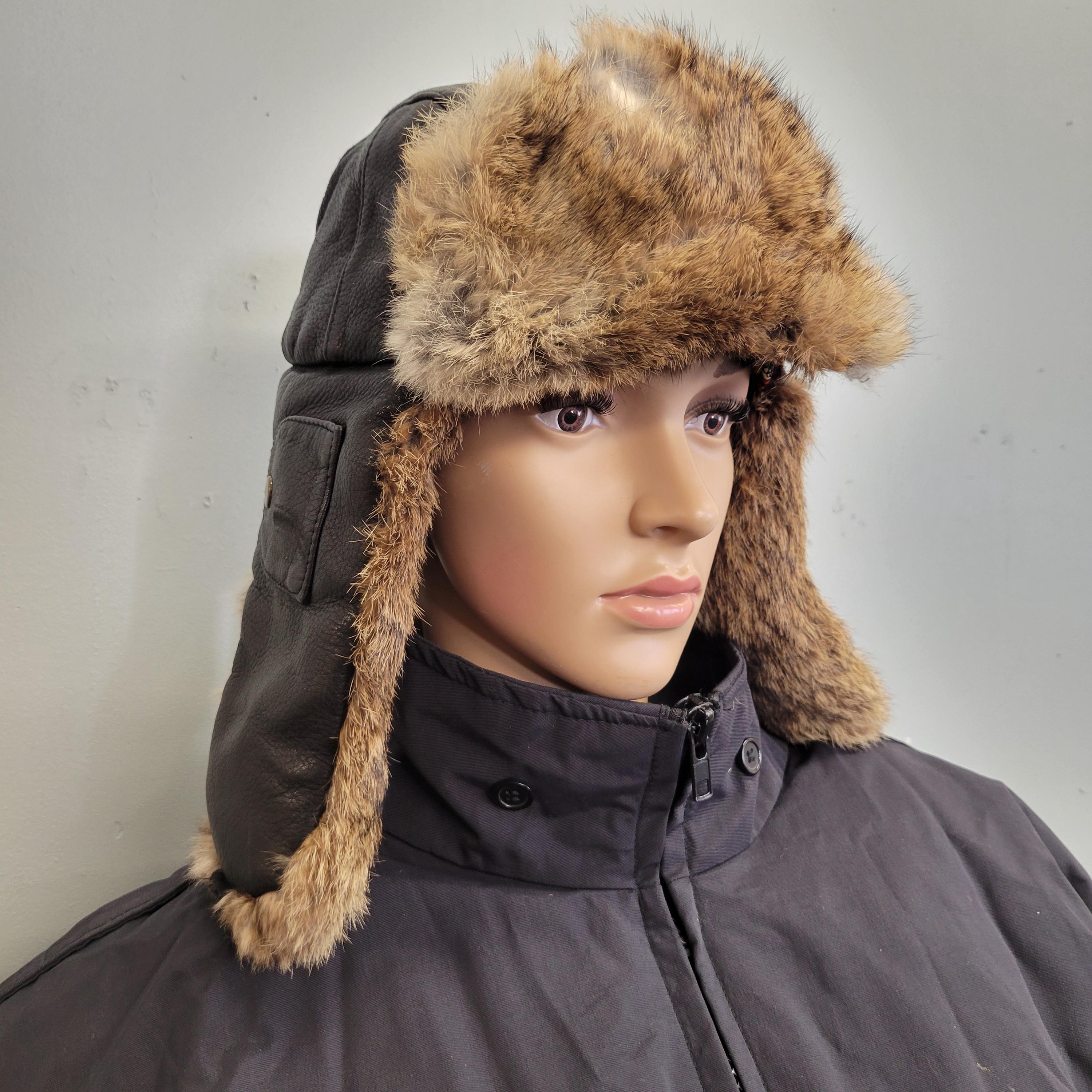 Vintage 90s Mad Bomber Rabbit Fur Aviator Hat: XL Leather Winter
