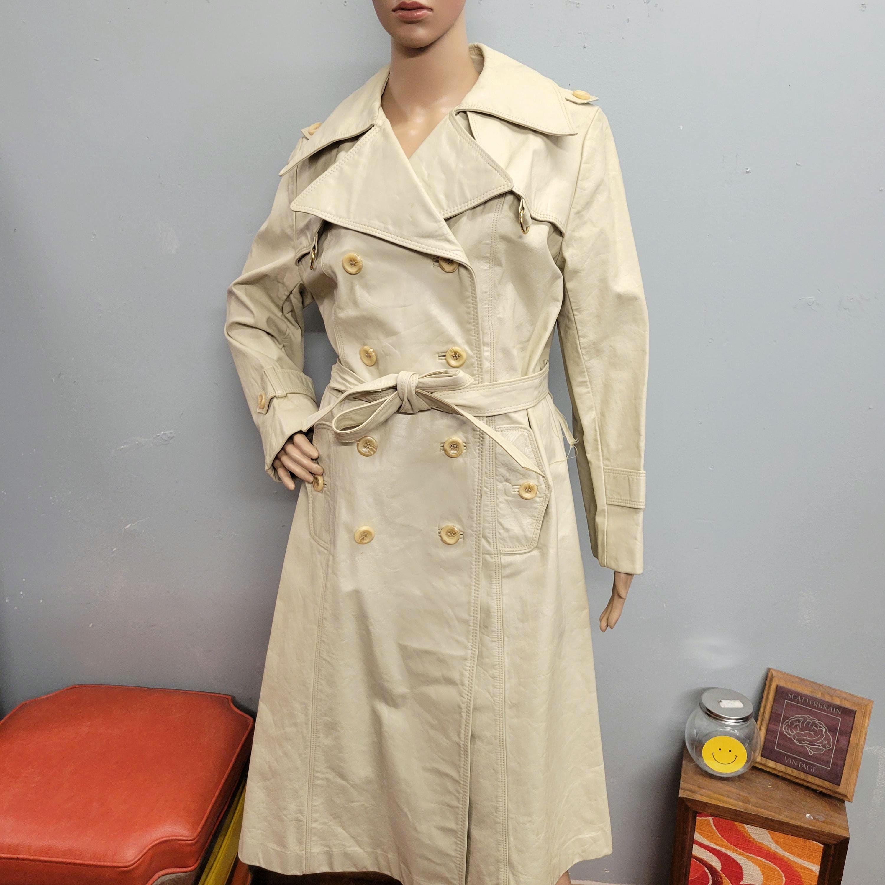 Vtg 70s LEATHER TRENCH COAT // Vintage Small White Leather Jacket