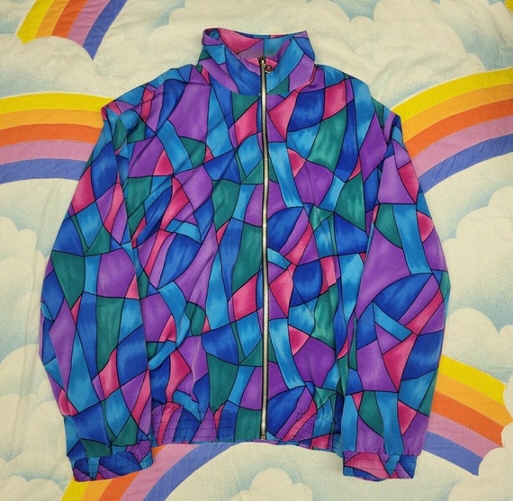 Vintage 80s Stained Glass Psychedelic Windbreaker… - image 1