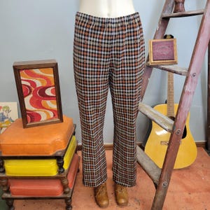 vtg jaren 70 PLAID BELLBOTTOMS vintage kleine dames grote aardetinten retro broek oranje neutrale tinten flare been hoge taille casual hippie gingham