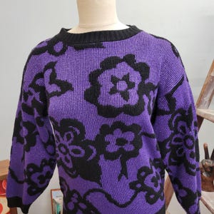 80s Purple Lurex Sweater: Vintage Sparkly Floral Knit - Made in USA