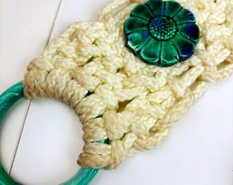 vtg 70s Macrame Wall Hanging, Towel Holder Loops, Ceramic Flower Art