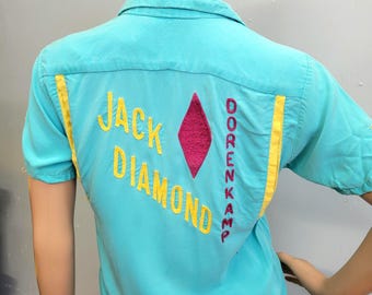 Camicia da bowling vintage anni '40 in rayon, con ricamo a punto catenella Jack Diamond, stile rockabilly (BOTTONI A FORMA DI BIGLIETTO DA BOWLING!!!!)
