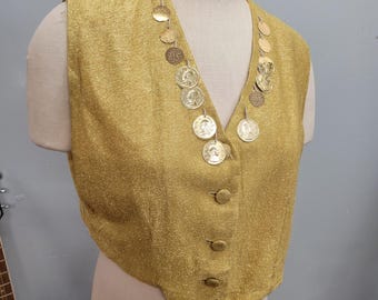 vtg 70s Gold Lurex Coin Vest: Sparkly Disco Crop Top