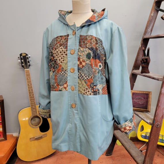 Vintage 70s Patchwork Hooded Jacket: Roamans Flor… - image 2