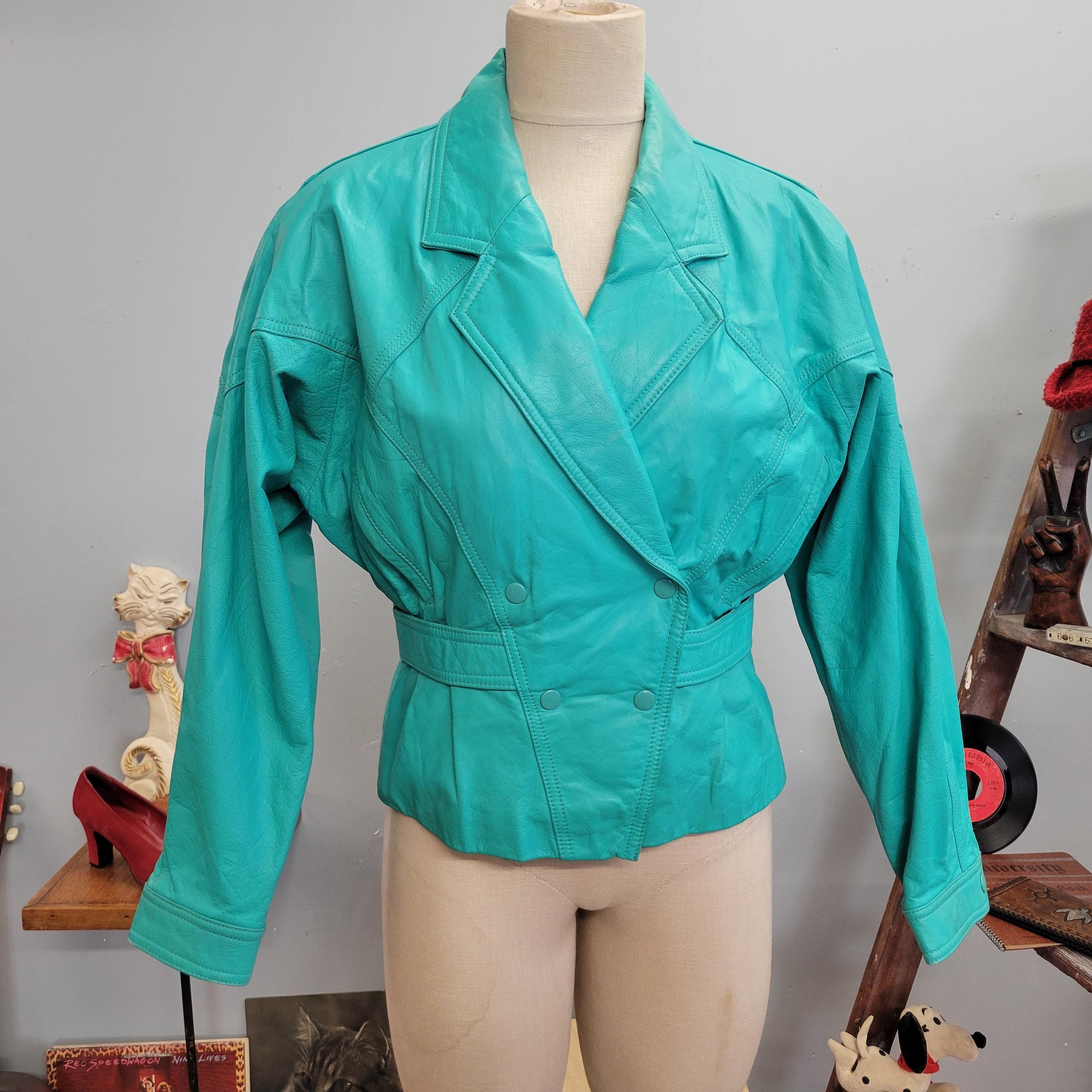 vtg 80s BLUE LEATHER JACKET // vintage chia funky medium womens cropped peplum bomber bright pastel spring winter funky fashion high fashion