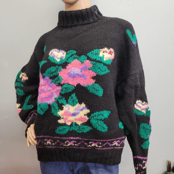 Vtg 80s Bouquet KNIT Black TURTLENECK SWEATER : Vintage Oversized