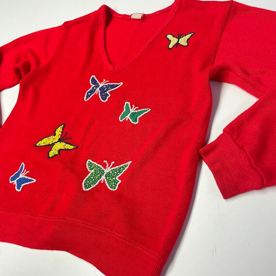 Vintage 70s patchwork butterfly sweater v neck sc… - image 3