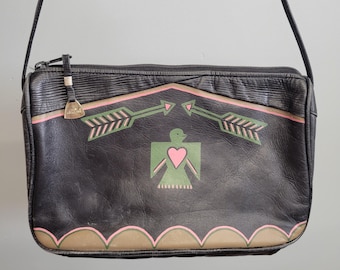 Vintage 80s Liz Claiborne Leather Crossbody Bag: Tribal Geometric Print