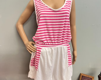 vtg 70s Terrycloth Romper: Striped Vintage Jumpsuit - Plus Size XL
