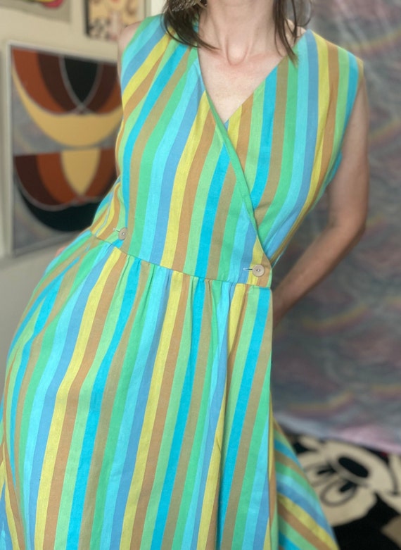 Vintage 50s 60s Pastel Striped Wrap Dress / Blue … - image 8