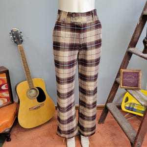 vtg 70s PLAID FLARE PANTS / vintage medium womens neutral tones plaid bellbottoms high rise slacks retro wide leg buttons high waisted jeans