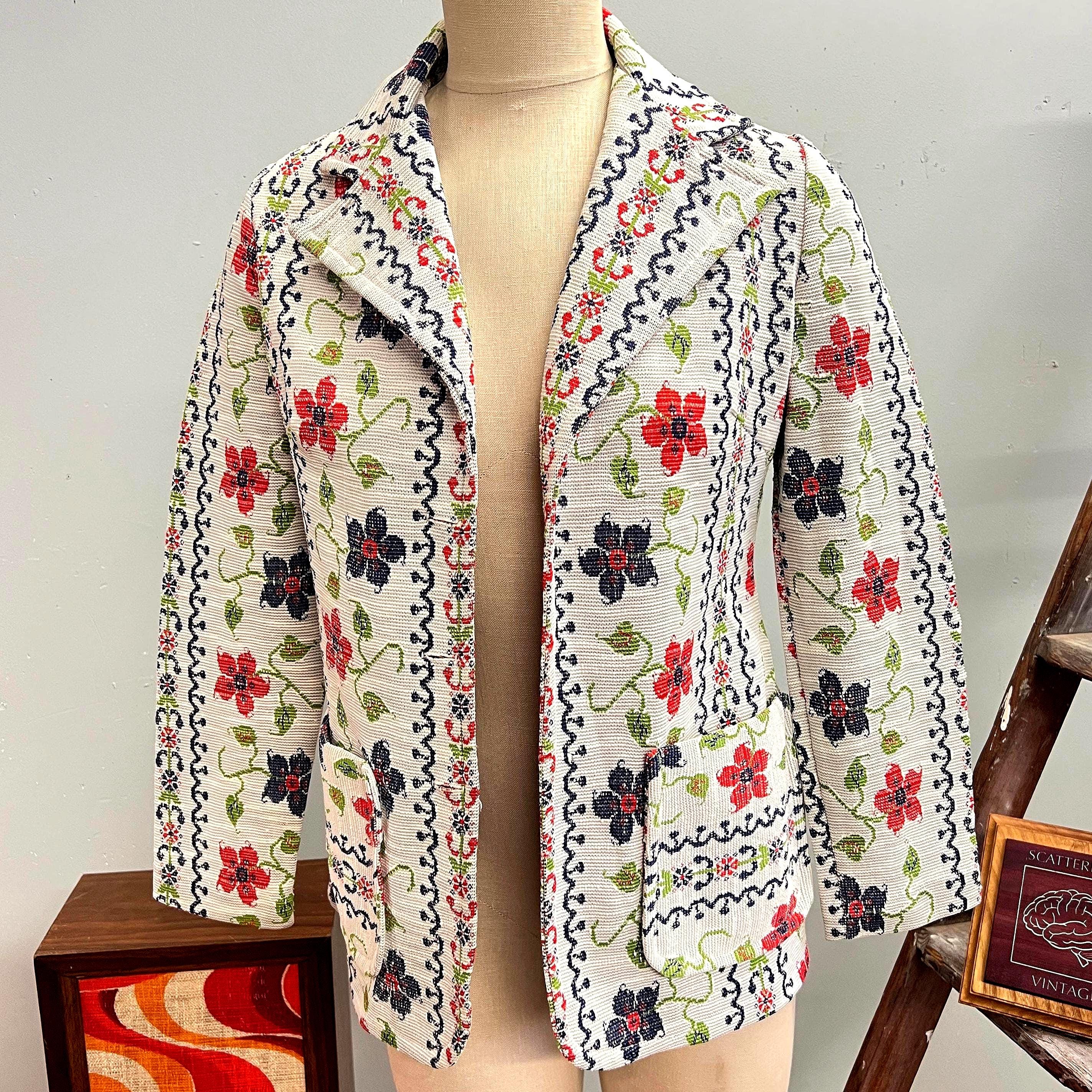 ジャケット・アウター FLOWER EMBROIDERY KNIT JACKET Vtg 70s FLORAL EMBROIDERED JACKET // Vintage Knit Medium Blazer