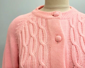 Vintage 60s Pink Cable Knit Cardigan: Devine Fashions Acrylic Sweater
