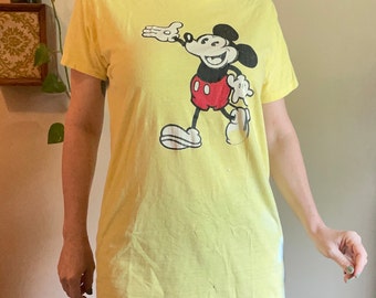 vtg 70s OLD SCHOOL MICKEY Mouse // vintage yellow distressed t shirt pop culture icon disney baggy oversized graphic tee soft nightie shirt