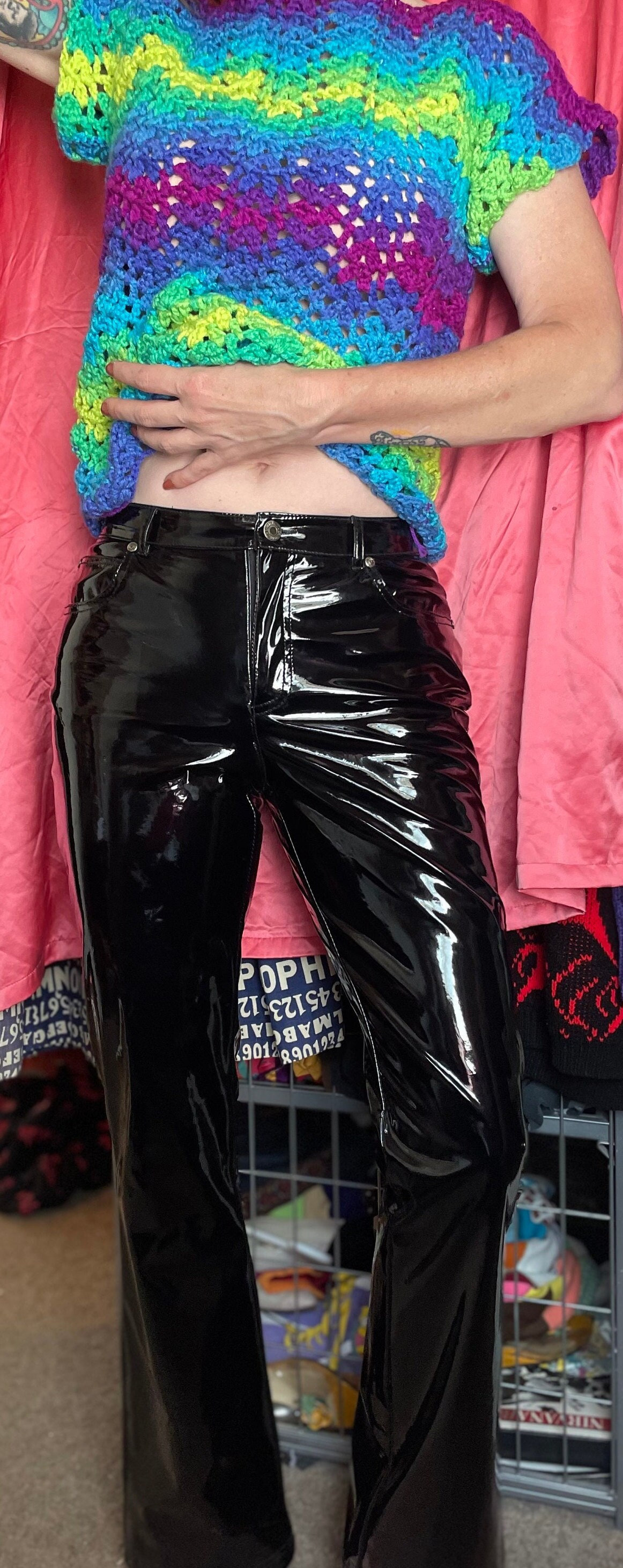 Vintage Y2K PVC Black Pleather Pants /90s Black Flare Pants / Faux Leather  / Vinyl Bell Bottoms / Retro High Waisted Flare Pants 