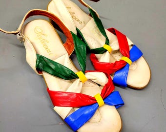 Vintage 70s Patent Leather Strappy Sandals: Colorful Rainbow Flats Size 6