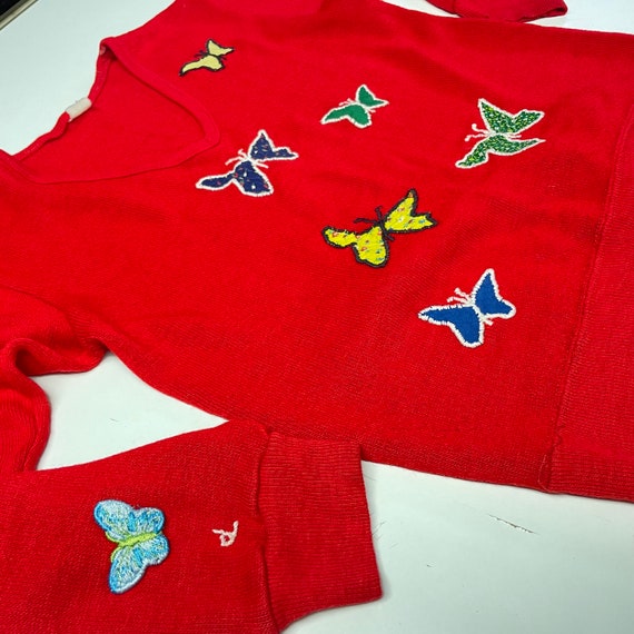 Vintage 70s patchwork butterfly sweater v neck sc… - image 5