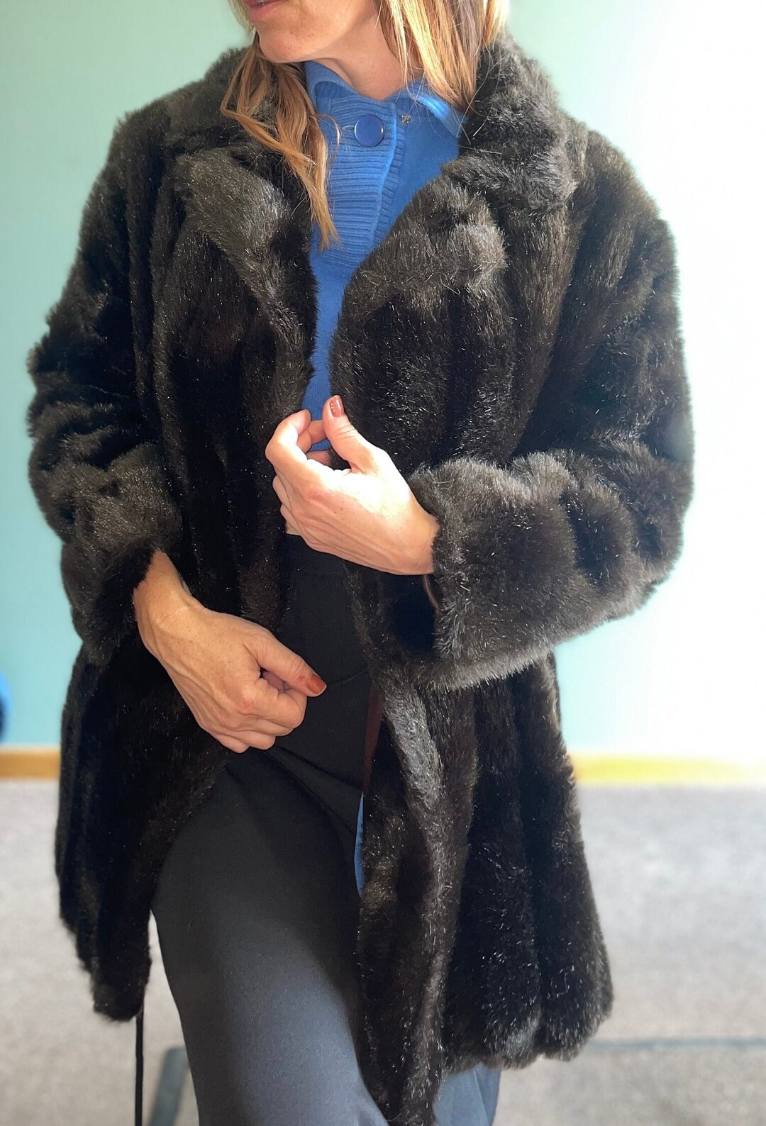 Vtg 70s FAUX FUR OVERCOAT / Vintage Synthetic Fibers Oversized Mink ...