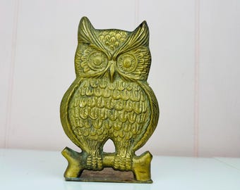 Vtg 70s Brass Owl Bookend, Gold Patina Owl Decor