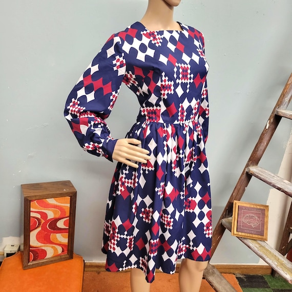 vtg 60s Harlequin Pattern Dress, Mod Geometric Mini