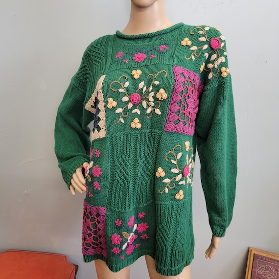 Vtg 80s EMBROIDERED PATCHWORK SWEATER // vintage … - image 3