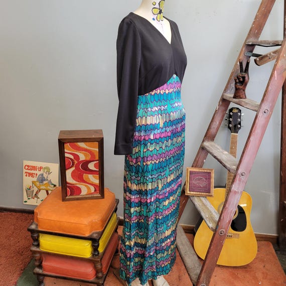 vtg 70s Mermaid Scales Dress, Kaleidoscope Pattern Flowy Maxi View 6